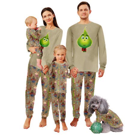 

FUNIER Holiday Family Matching Christmas Pajamas Sets Grinch Khaki Printed Sizes Baby-Kids-Adult-Pet 2-Piece Top and Pants Bodysuits Xmas Pjs Set
