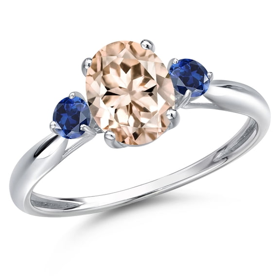 Gem Stone King 10K White Gold Peach Morganite and Blue Created Sapphire 3-Stone Ring for Women | 1.28 Cttw | Oval 8X6MM | Gemstone October Birthstone | Size 7