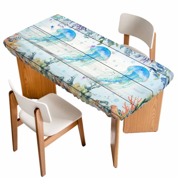Jellyfish Coastal Table Cloths for 3 Foot Rectangle Tables, Summer Nautical Starfish Coral Grey Wooden Patio Waterproof Elastic Fitted Tablecloths, Washable Rectangular Table Cover for Camping