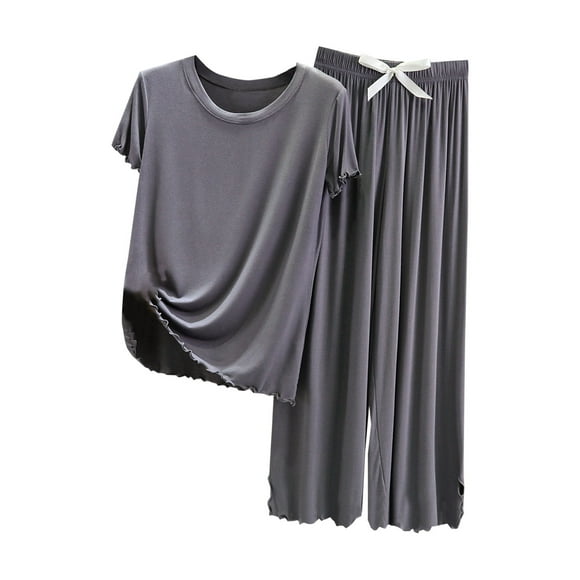 KIHOUT Conjunto de pijama de dos piezas de verano para mujer, liso, de talla grande, con cuello redondo, manga corta y pantalones capri con cintura elástica, holgado y cómodo, conjunto de pijama