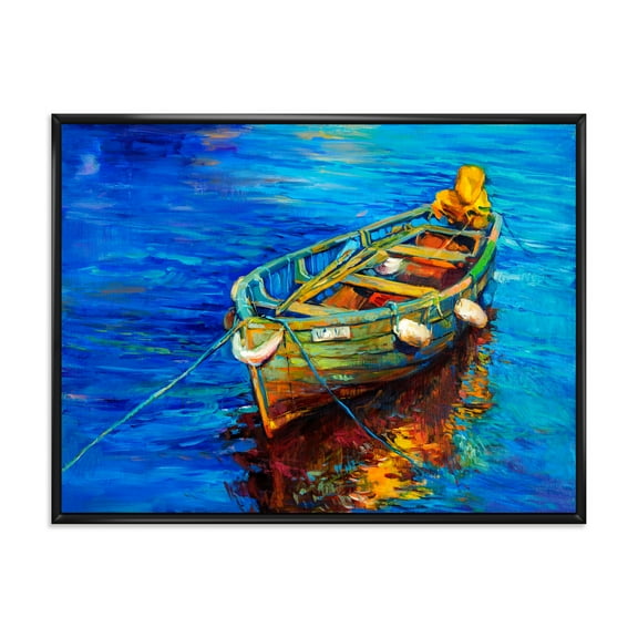 Designart 'Boats During Warm Sunset Resting On The Water IV' Nautical & Coastal Framed Canvas Wall Art Print