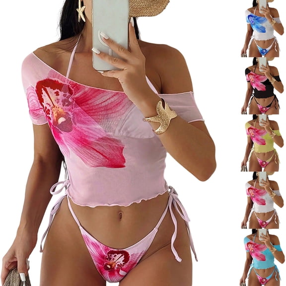 Tqyyweavej 3 Piece Triangle Bikini Sets for Women Halter Pleated Elastic Swim Tops and Side Tie Print Solid Color Bathing Bottoms with Sheer Cover Ups