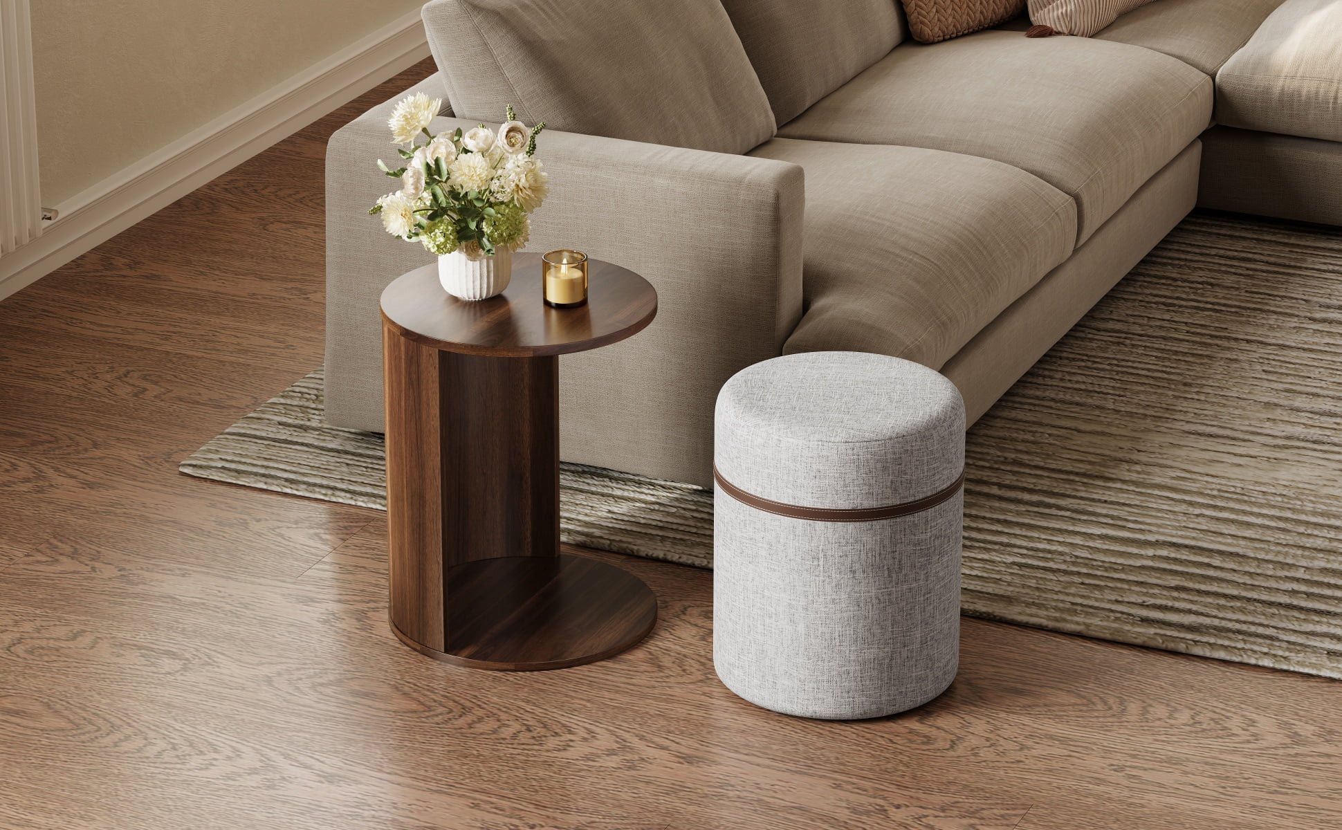 Mintazer 2‑in‑1 Round Side Table with Pull‑Out Linen Storage Stool & Open Magazine Slot, End Table for Sofa Bedroom Small Space, Walnut