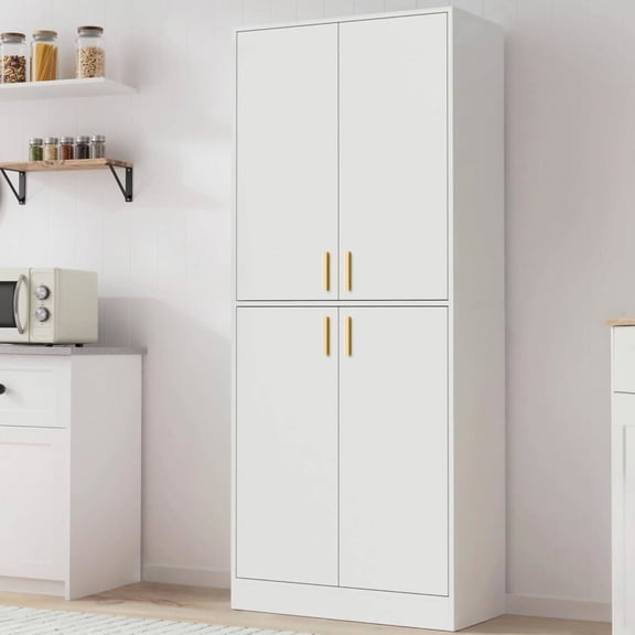 Cozy Castle Kitchen Pantry Cabinet, 71" Tall Wood Storage Cabinet with Doors and Shelves 4 Doors Freestanding Cupboard for Dining Room Living Room Furniture, White