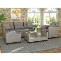 Patio Rattan Furniture Set, 4 Pieces Outdoor Sectional Sofa Set, PE Wicker Conversation Set, Cushioned Sofa Set with Glass Coffee Table, for Poolside, Backyard, Garden, Deck, Beige Brown, D6081