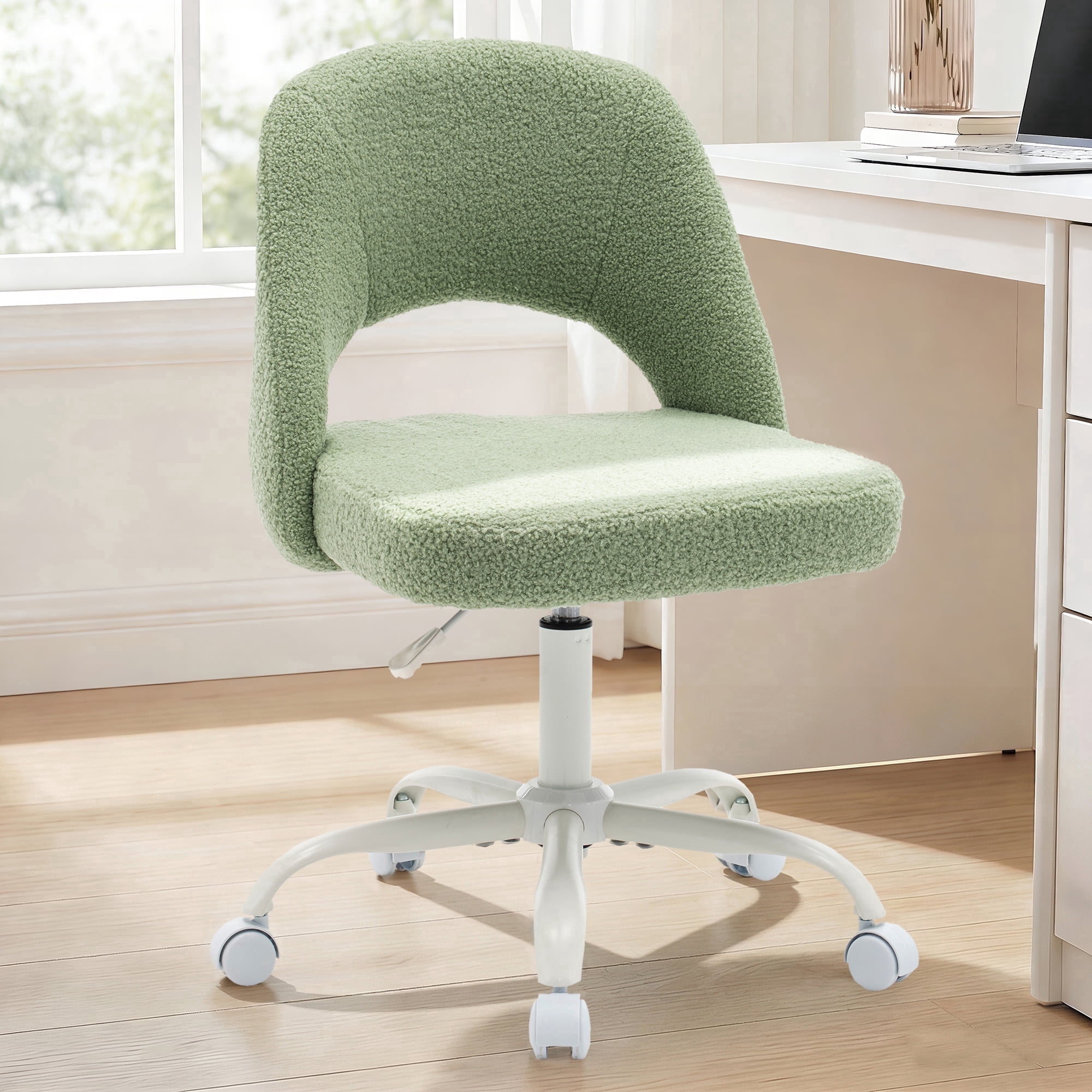 ENYLAY Green Fluffy Teddy Fleece Vanity Chair, Height Adjustable 360° Swivel Rolling Desk Chair, Ergonomic Upholstered Makeup Chair, Modern Cute Accent Chair for Bedroom Home Office Vanity Room