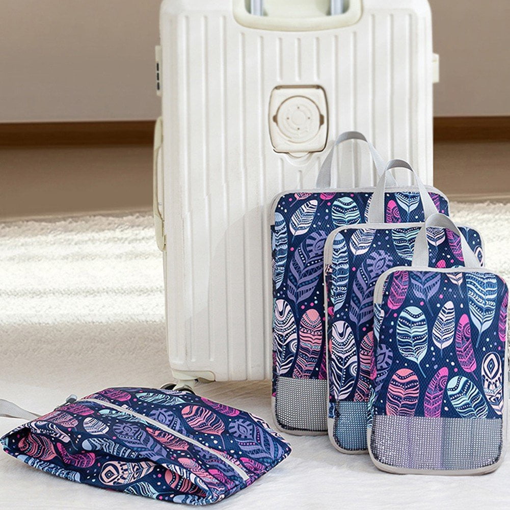 4-Pcs Packing Cube Set - Lightweight Organizers For Home Organizers Vacation And Suitcases With Compression Compression Packing Cubes Travel(Feather print )