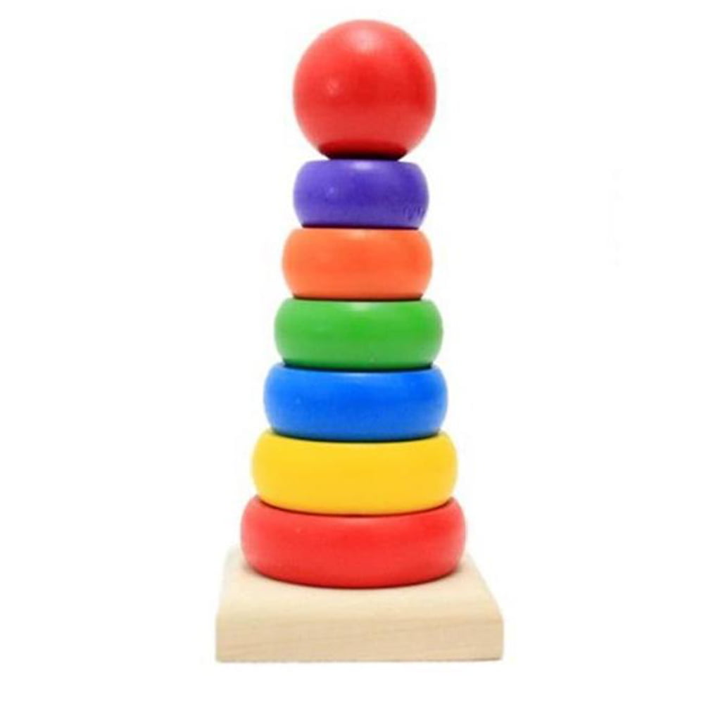 Kids Wooden Rainbow Puzzle Stacking Ring Tower Building Block Toy —QY^m^ 