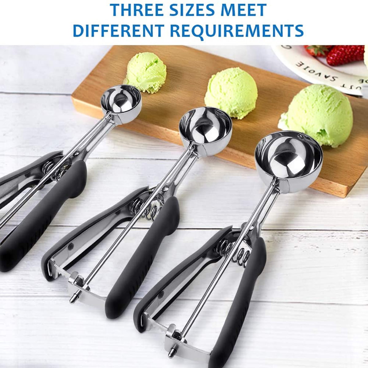 Kepooman Stainless Steel Ice Cream Scoop Set with Trigger for Cooking Baking, Set of 3, Large-Medium-Small Size, Black Kepooman Stainless Steel Ice Cream Scoop Set with Trigger for Cooking Baking, Set of 3, Large-Medium-Small Size, Black