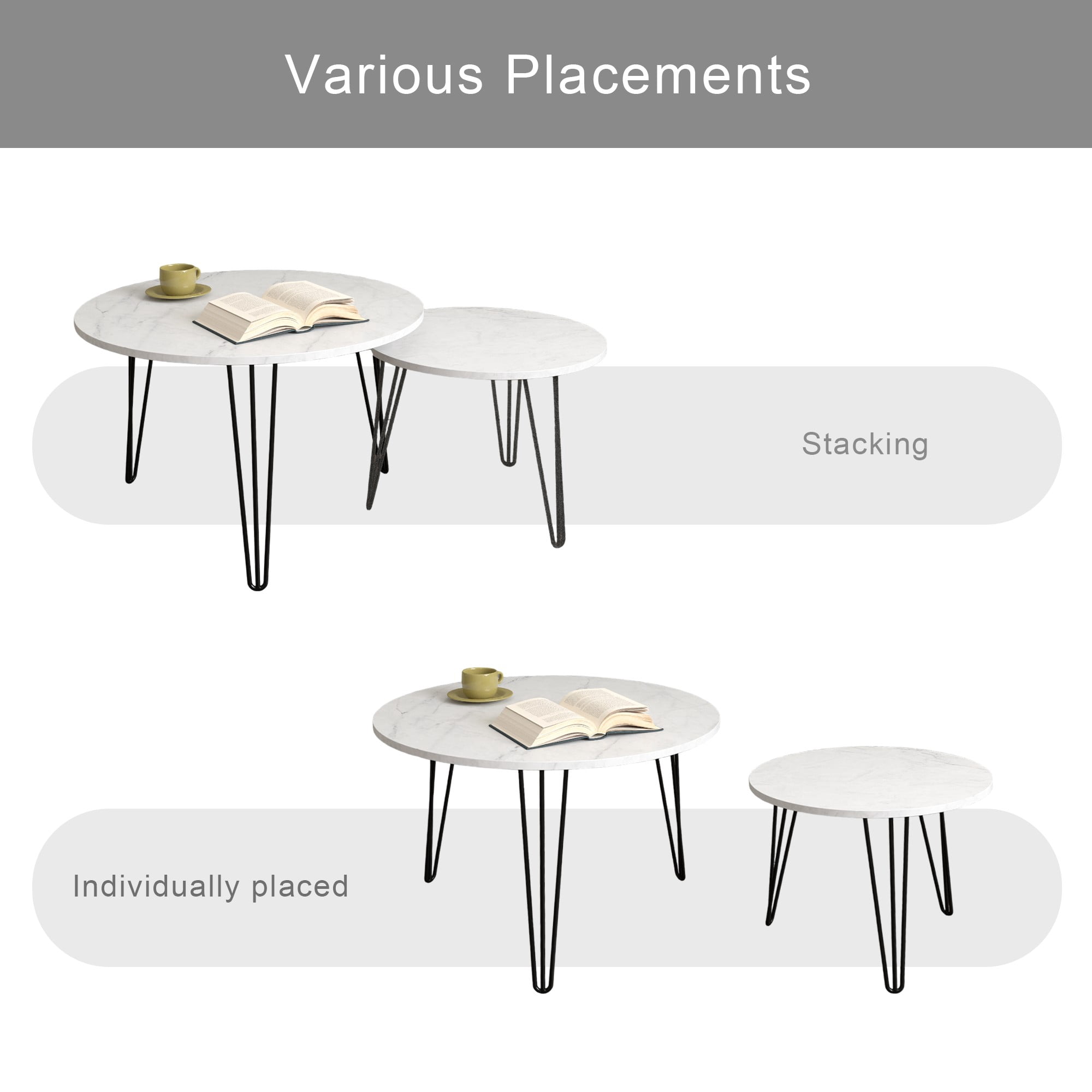 27.56'' Round Nesting Coffee Table Set of 2,Wooden End Table Set, with Metal Base for Living Room,Bedroom,White