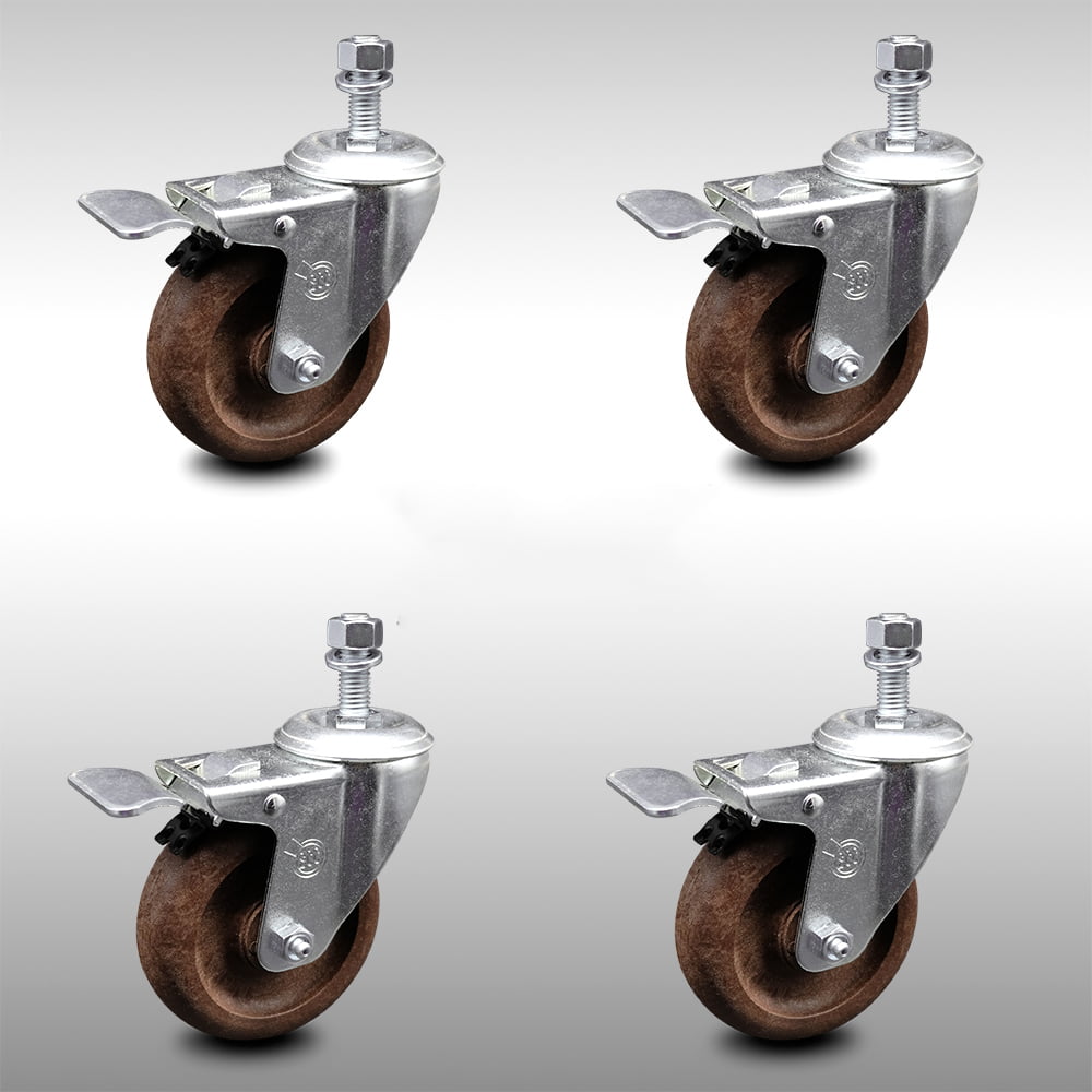Includes 4 Swivel Service Caster Brand High Temp Glass Filled Nylon Swivel Threaded Stem Caster Set of 4 w/3.5 x 1.25 Brown Wheels and 10mm Stems 1200 lbs Total Capacity
