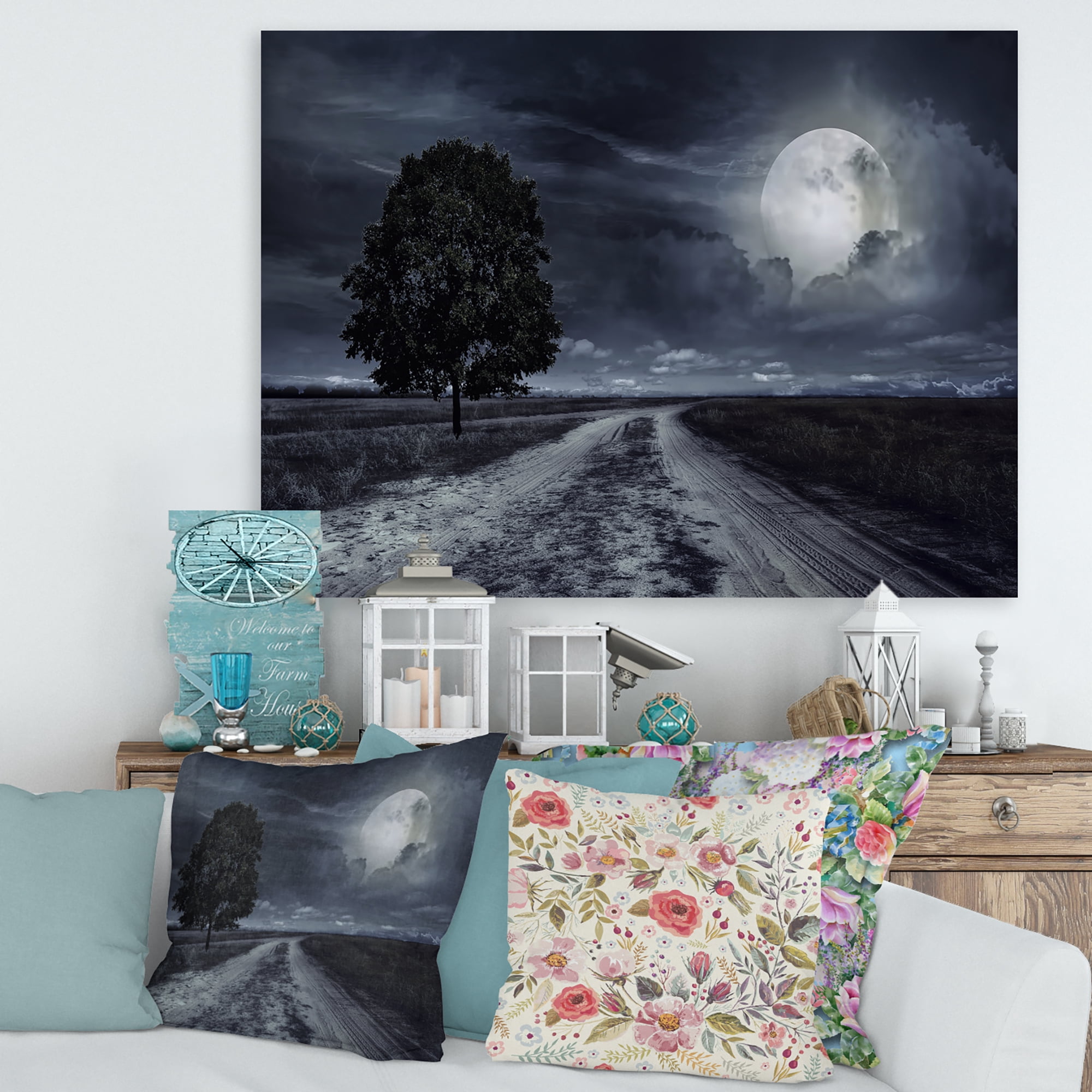 Designart ' A Full Moon Over Paved Road ' Nautical & Coastal Canvas Wall Art Print