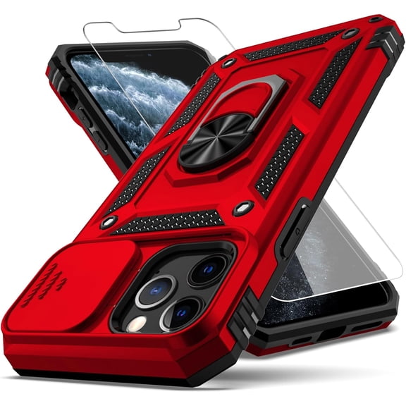 for iPhone 11 Pro Case,with Camera Lens Cover HD Screen Protector,[Military Grade] Ring Car Mount Kickstand Hybrid Hard PC Soft TPU Shockproof Protective Case for iPhone 11 Pro-Red