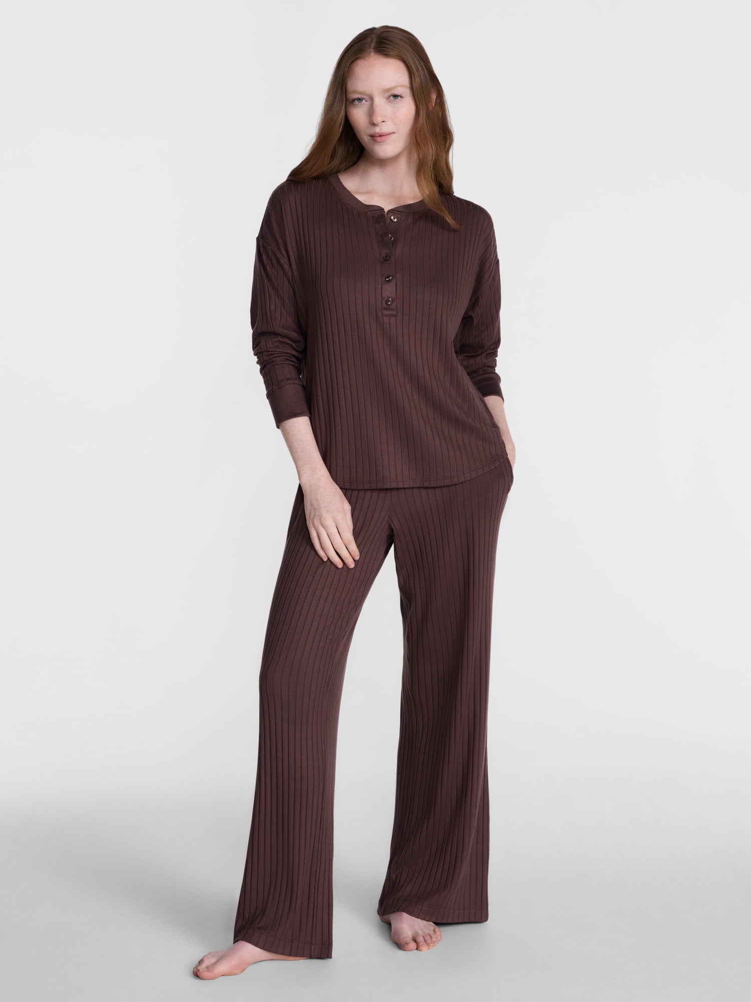 Joyspun Women's Cozy Lounge Collection Hacci Long Sleeve Henley Sleep Top, Sizes XS to 3X