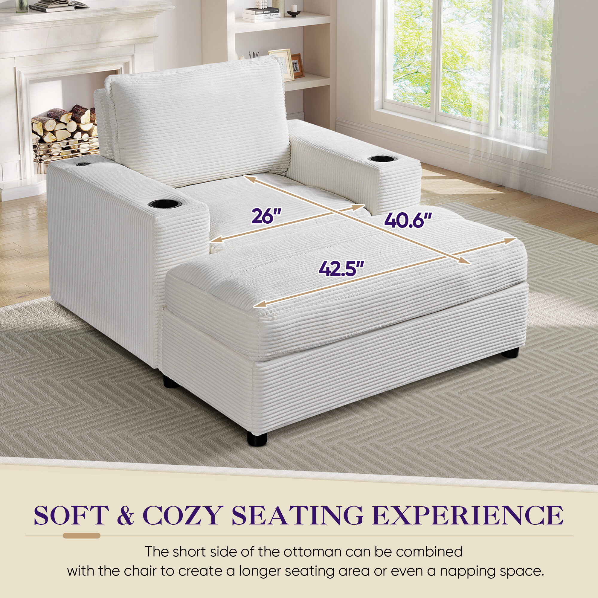 Lunale 42.8" Accent Chair with Ottoman, Indoor Chaise Lounge Chair with USB & Storage, Plush Reading Sofa Armchair for Living Room, Bedroom, Apt, White Corduroy