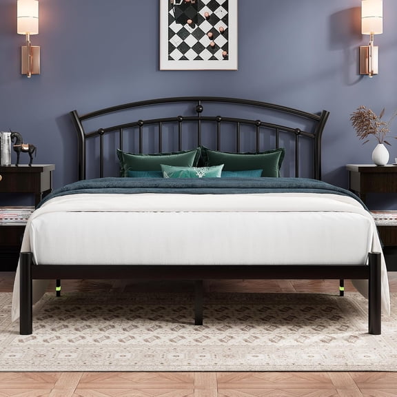 Virans Full Size Metal Platform Bed with Victorian Style Headboard, Heavy Duty Steel Slat Support, 12"Under Bed Storage,Easy Assembly, Black