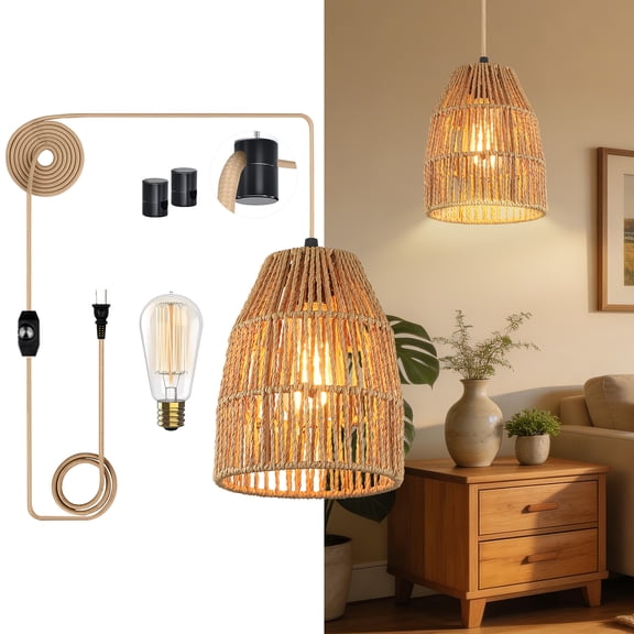 Lolikit Plug in Pendant Light Boho Stepless Dimming Hanging Lights with Hemp Rope Shade for Bedroom Living Room Kitchen Island