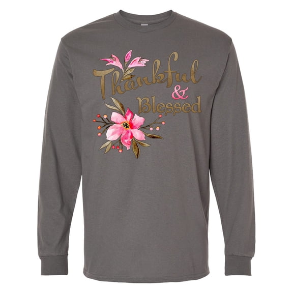 Inktastic Thankful and Blessed Inspirational Saying with Pink Flowers Long Sleeve T-Shirt
