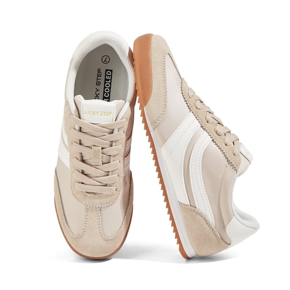 LUCKY STEP Retro Sneakers Thin Sole Lace up Lightweight Casual Shoes,Beige,Womens