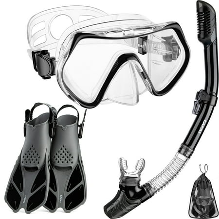CAPAS Snorkel Mask Fins Set  Travel Size Snorkeling Gear for Adults with Short Adjustable Swim Fins  High Resistant Scuba Diving Mask and Dry Top Snorkel  Come with a Carrying Bag