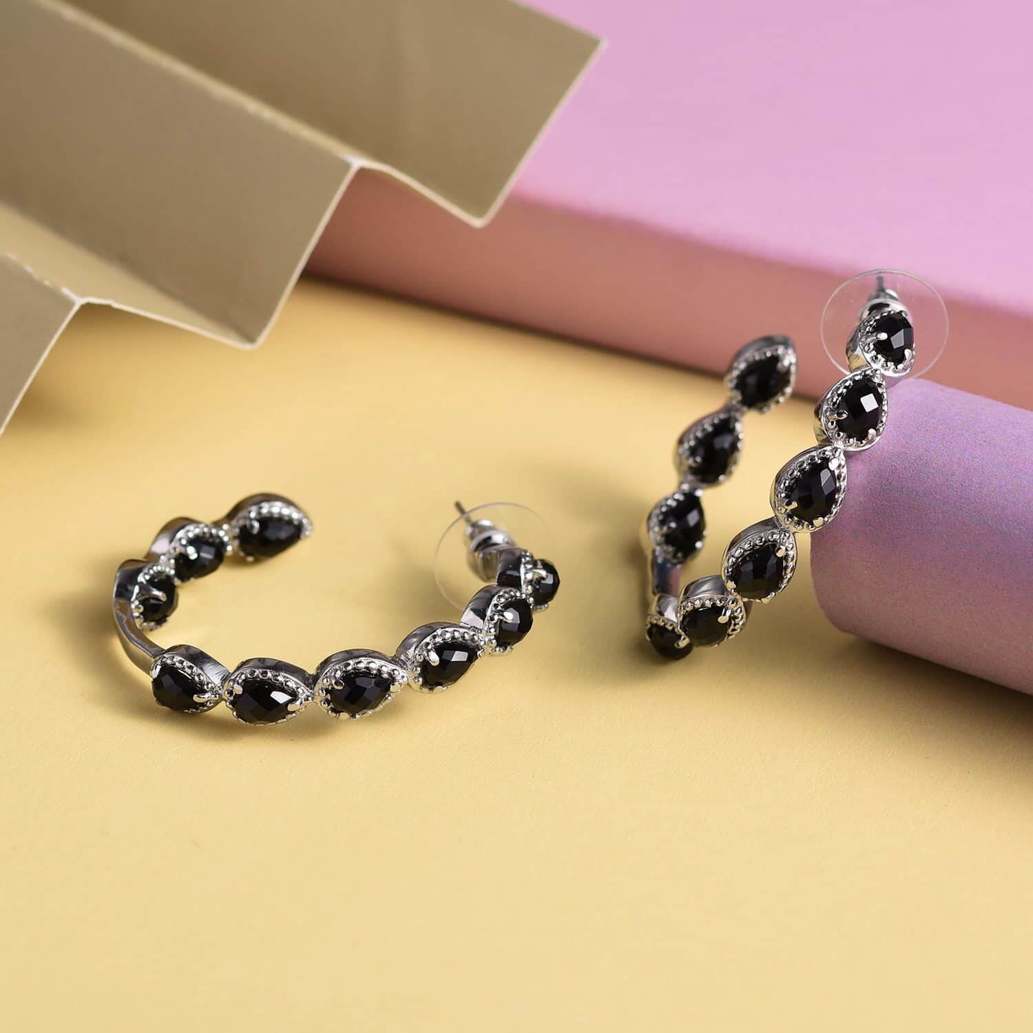 Black Onyx Inside Out Half Hoop Earrings Stainless Steel for Women Jewelry Birthday Christmas Gifts for Women