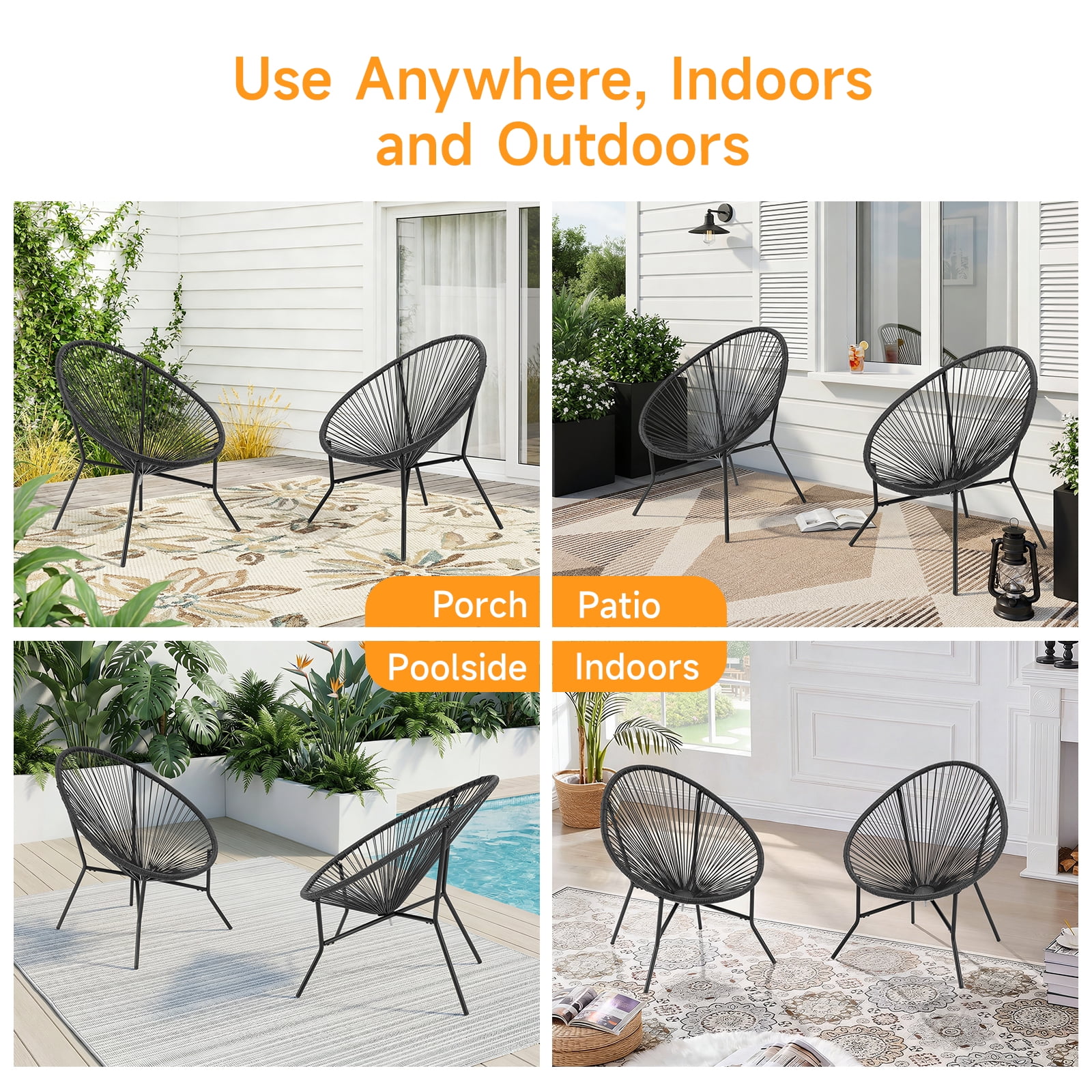 Dovov Acapulco Chair Set of 2, Outdoor Seating Patio Chairs Modern Wicker Bistro Chairs All-Weather Papasan Chair for Balcony Garden Backyard Porch Deck, Black