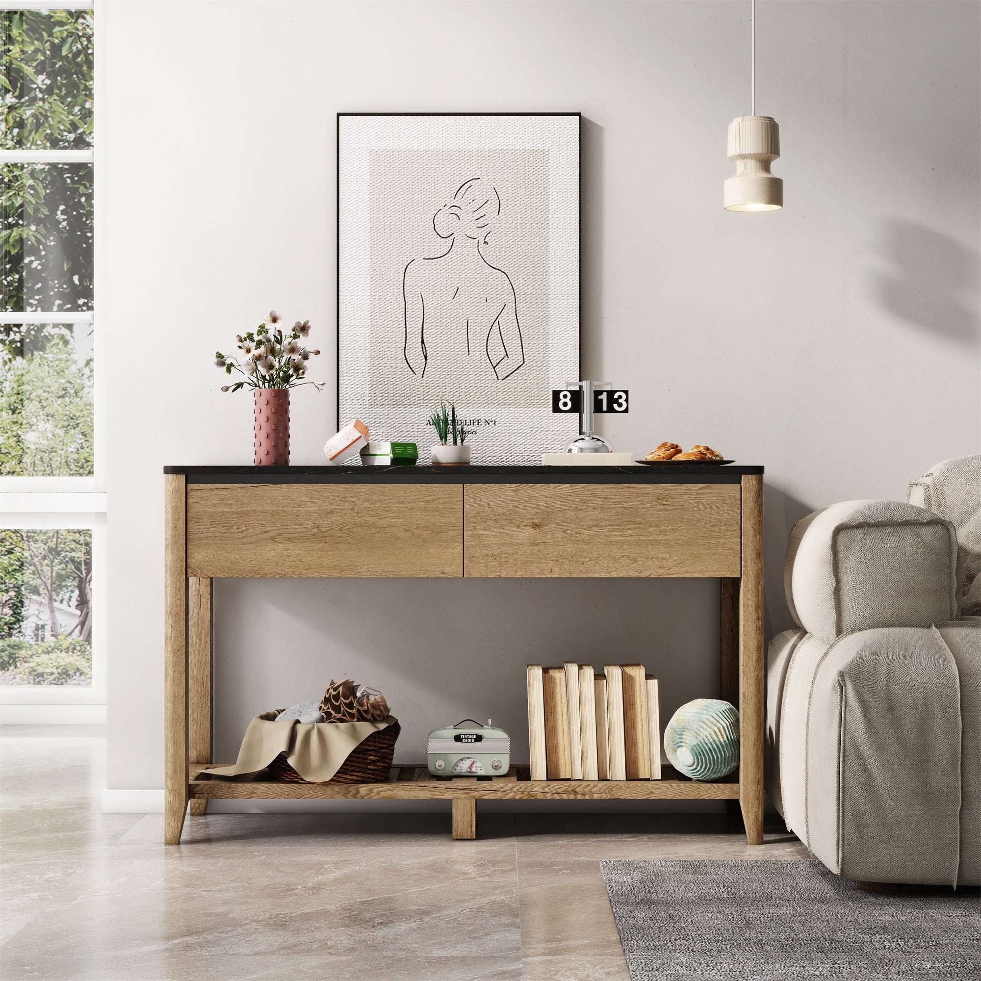 Kepooman Farmhouse Double Drawers Console Table for Living Room or Entryway, Tobacco Wood and Black Marble Texture Kepooman Farmhouse Double Drawers Console Table for Living Room or Entryway, Tobacco Wood and Black Marble Texture