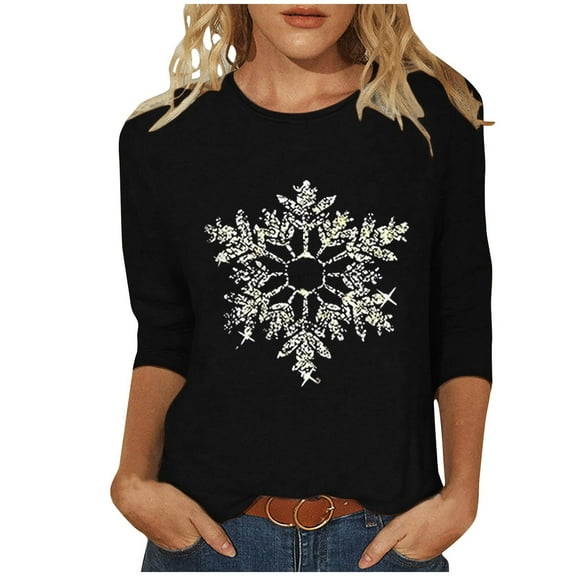 Christmas Shirts for Women 3/4 Sleeve Blouses Christmas Snowflakes Printed Crew Neck Tops Funny Xmas Graphic Tunic Tops Holiday Family Party Matching Pullover