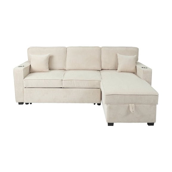 Poundex Upholstered Corduroy Reversible Storage Chaise Convertible Sectional in Beige