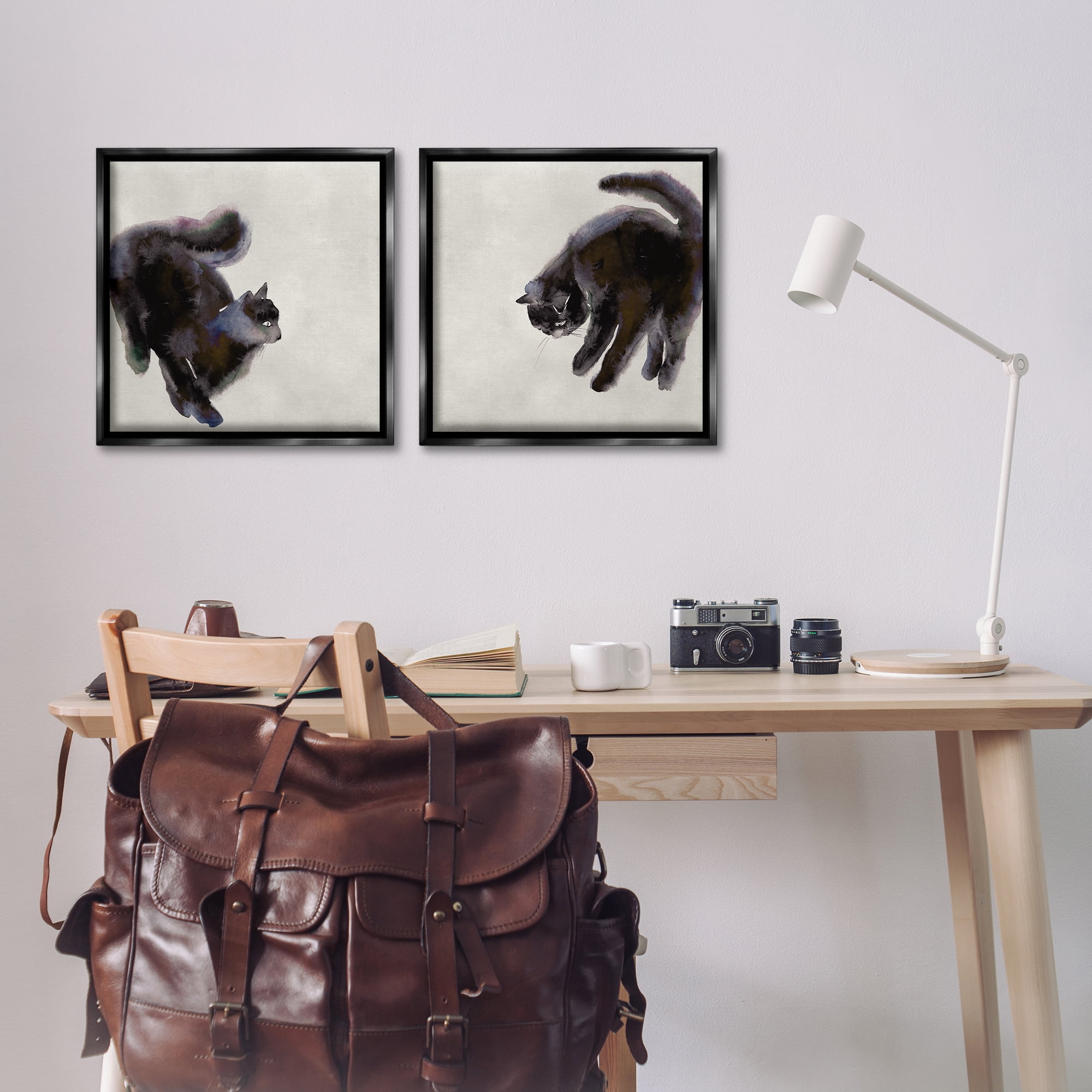 Stupell Industries Fuzzy Black Cats on Beige Animals Painting Black Floater Framed Canvas Art Print Wall Art, 18 x 18, Set of 2