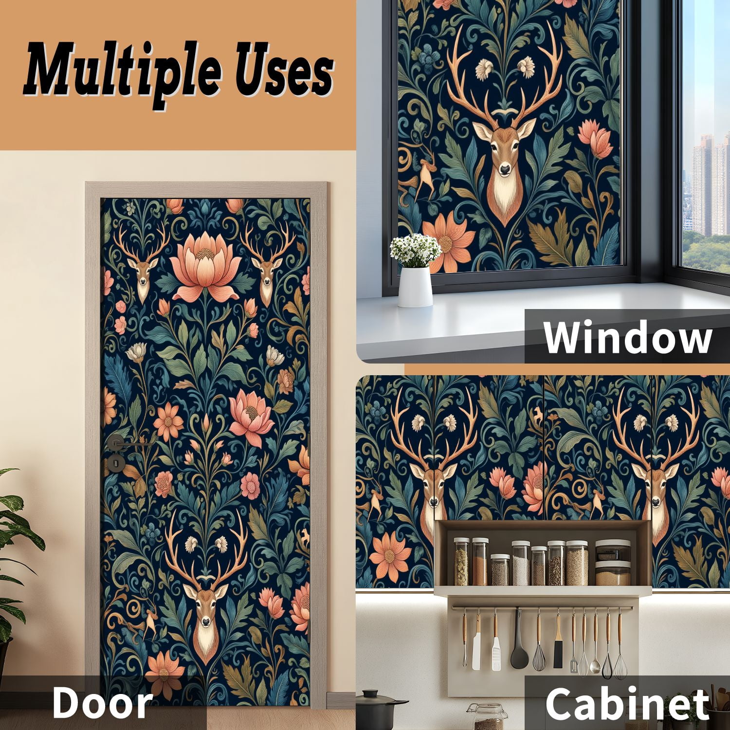 Self Adhesive Vinyl Refrigerator Wrap Set Dark Academia Botanical Floral Deer Seamless Door Mural Removable Fridge Sticker Peel and Stick&nbsp;Full Door Cover Decal Kitchen Bar Decor