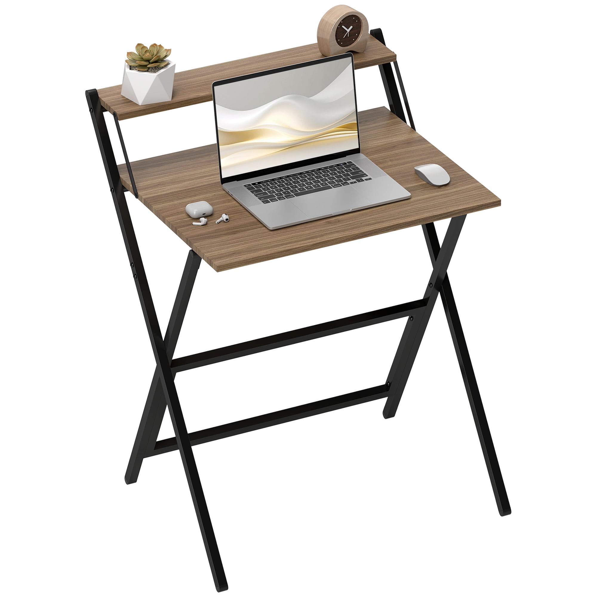HOMCOM Small Folding Desk, 27.6" Foldable Computer Desk with Monitor Shelf, Writing Table for Small Spaces, Home Office, Study, Easy Assembly, Walnut