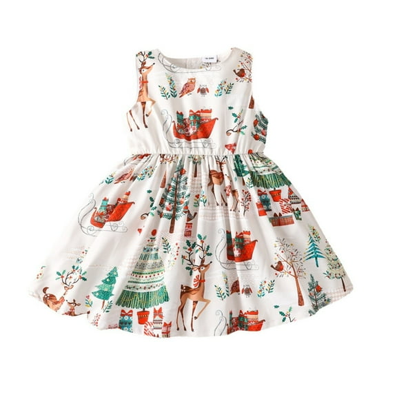 Afdoent Toddler Girls Dress Xmas Kids Baby Girls Cartoon Printed Sleeveless Dress Christmas Clothes 18-24 Months