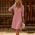 thumbnail image 5 of cocolona Linen Dress for Women Long Sleeve V Neck Loose Midi Dress Fashion Casual Solid Color Beach Sun Dress, 5 of 6