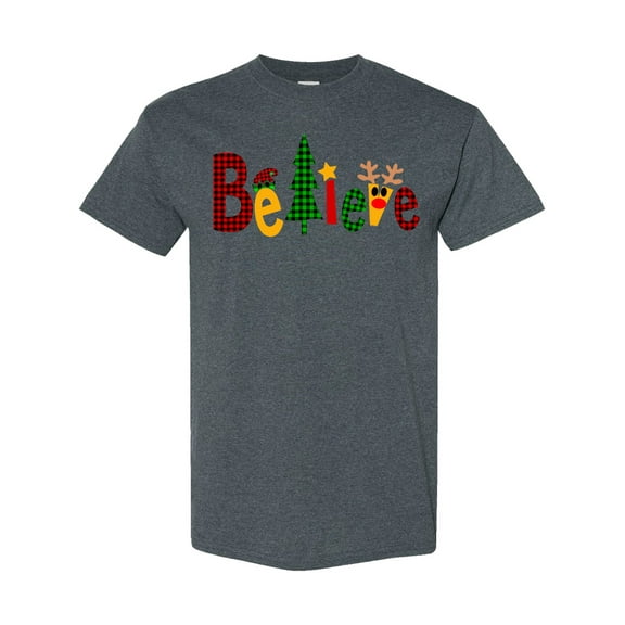 Inktastic Believe Plaid Christmas Tree and Reindeer T-Shirt