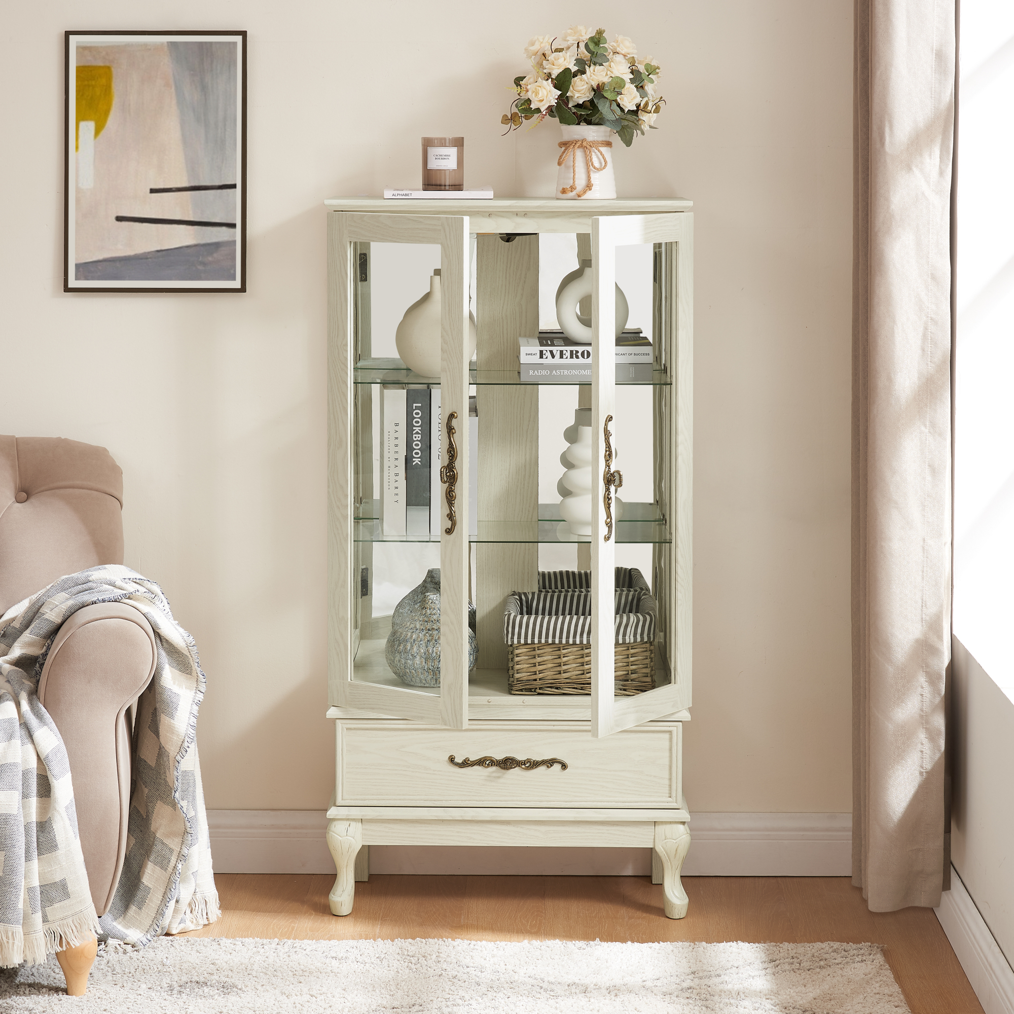 Leumius Curio Glass Cabinet, Glass Wine Cabinet Curio Display Cabinet with Adjustable Glass Shelves 2 Doors and 1 Drawer Cabinet Sideboard with Bulb Included for Home Decor White