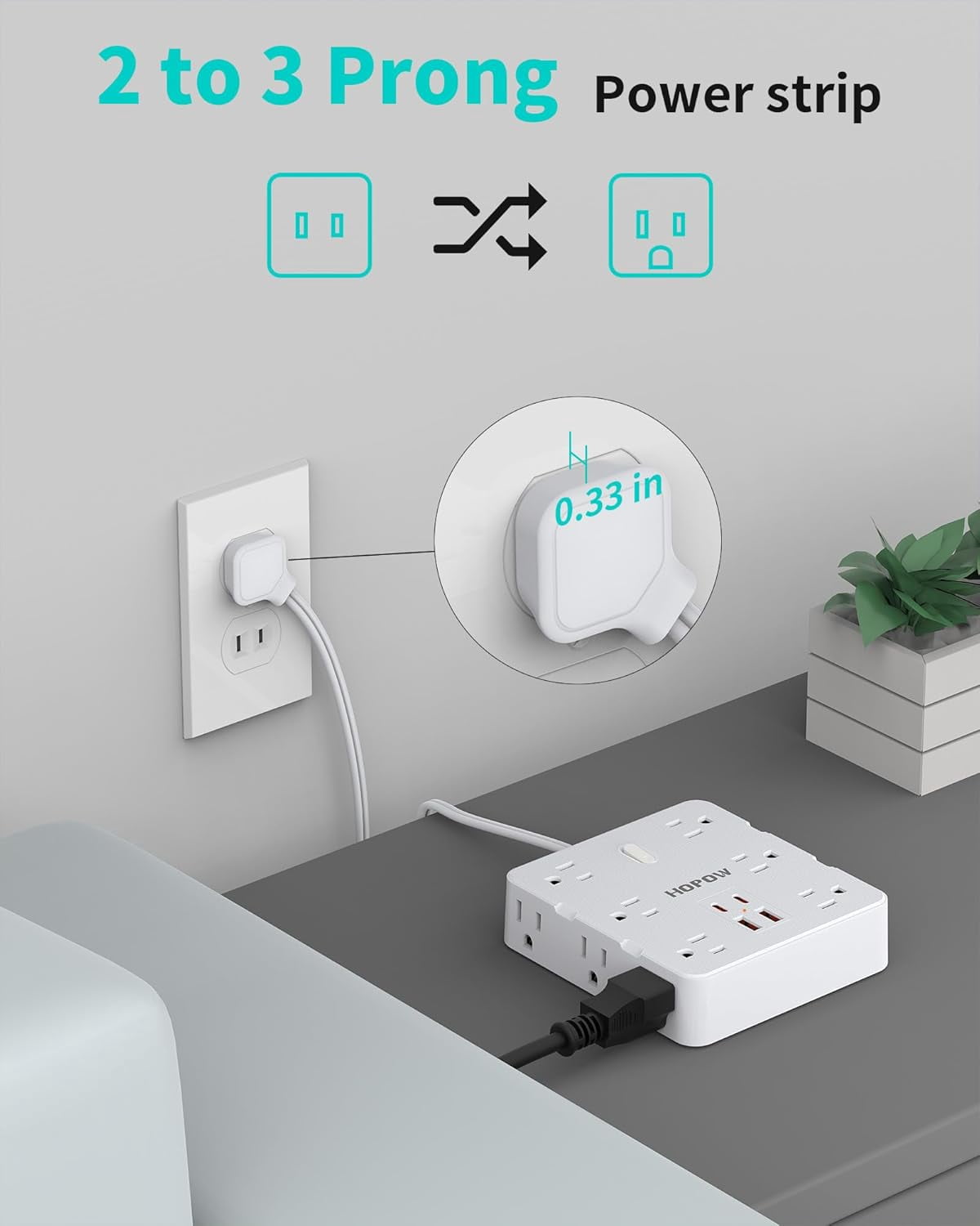 2 Prong Power Strip, 2 Prong to 3 Prong Outlet Adapter with 12 AC & 4 USB(2 USB-C), 1700J Two Prong Sur Protector, 5FT Extension Cord, Wall Mountable, Ideal for Old House Non-Grounded Outlets