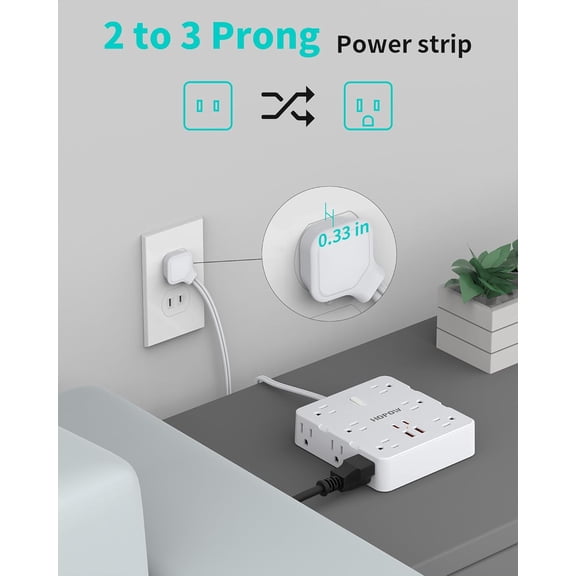 LMUMN-12Outlets 2 Prong Power Strip with 4USB, 5FT Extension Cord for Old House