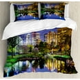 thumbnail image 1 of City Duvet Cover Set King Size, North Carolina Marshall Park United States American Night Reflections on Lake Photo, Decorative 3 Piece Bedding Set with 2 Pillow Shams, Multicolor, by Ambesonne, 1 of 3