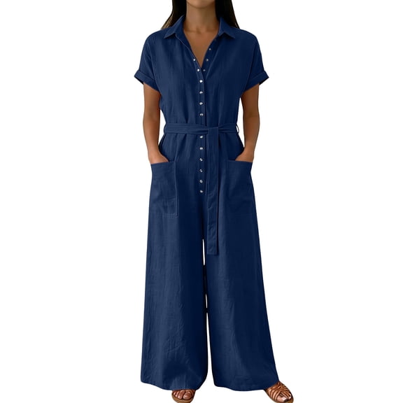 Npasoilc Lapel Button Short Sleeve Jumpsuits for Women Crew Neck Solid Color Casual Pants