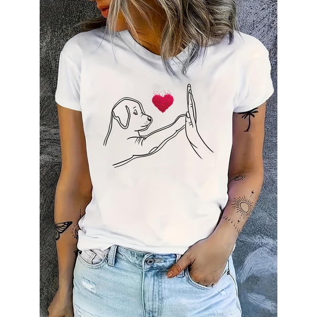 Dog Print Crew Neck T-Shirt, Casual Short Sleeve Top For Spring & Summer, Women's Clothing Tee For Adult, Men, Women, Teen, Teenager, Adolescent, Youth