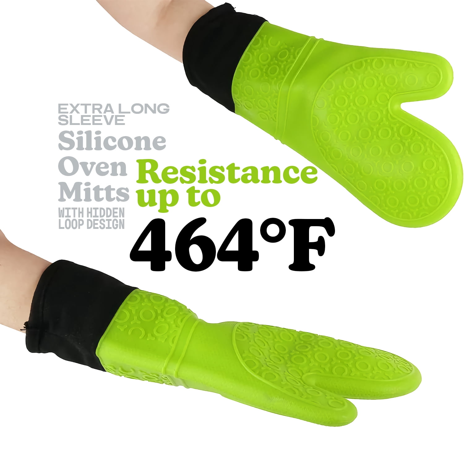 BPA-Free Soft Silicone Oven Mitts - Ultra Heat Resistant Oven Mitts with Thick Cotton Liner - Extra Long Slip Resistant Pot Holders, Flexible Oven Gloves - Green 14.7"
