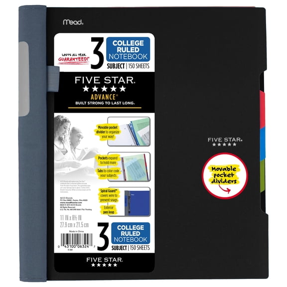 Five Star Advance Notebook, 3 Subject, College Ruled, Black (73132)