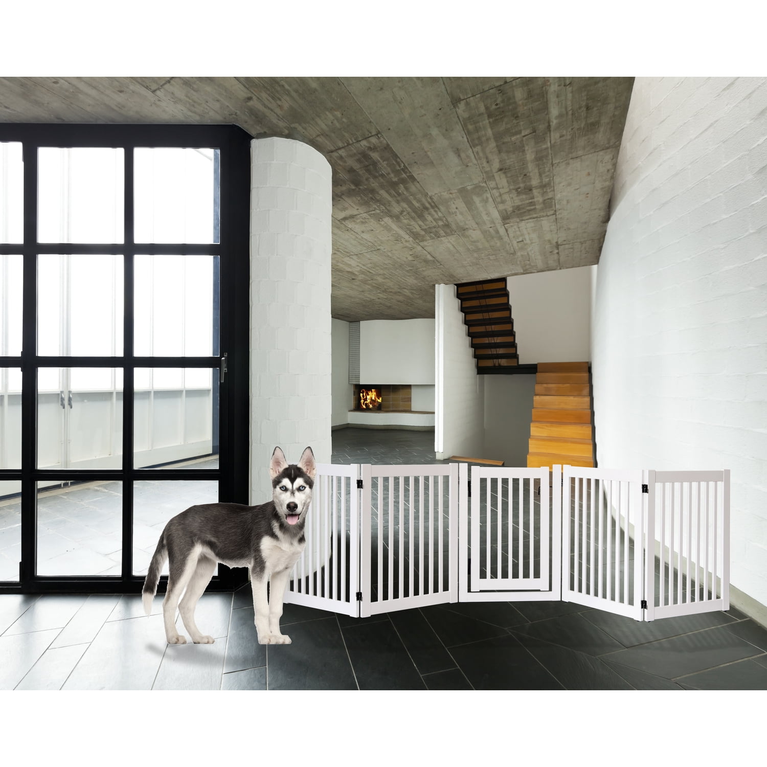 Dynamic Accents DA501 32 in. Highlander Series Solid Wood Pet Gate, White - 5 Panel Walk Through