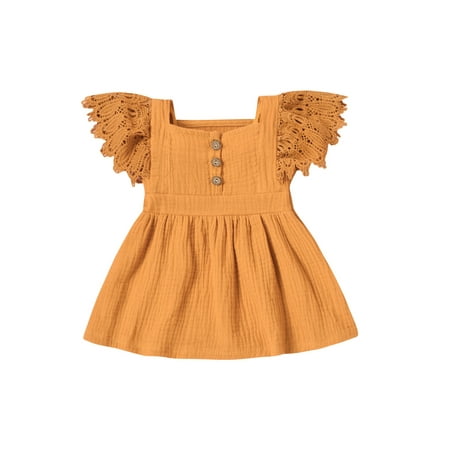 

jaweiw Baby Girls Casual Dresses Solid Color Short Fly Sleeves Square Neck One-piece Dress Size 0 6 12 18 24 M