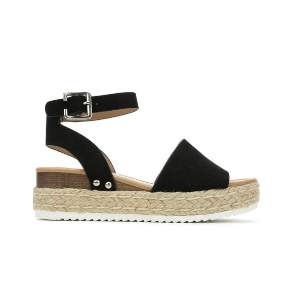 Soda Topic Open Toe Buckle Ankle Strap Espadrilles Flatform Wedge Casual Sandal (11, Black)