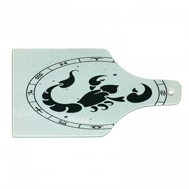 Zodiac Scorpio Cutting Board, Circular Astrological Chart with Abstract Animal in the Middle with Stars, Tempered Glass Cutting and Serving Board, Wine Bottle Shape, Multicolor, by Ambesonne