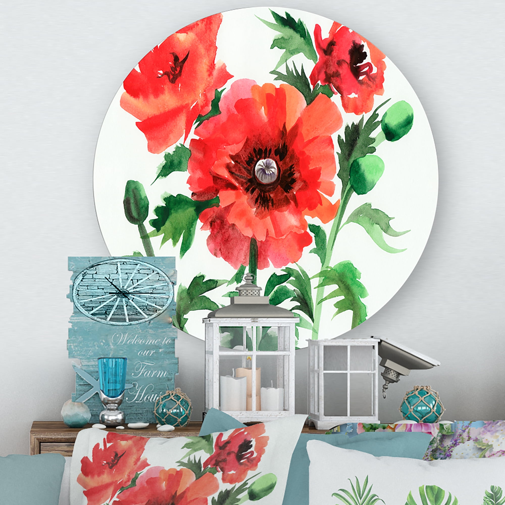 Designart 'Ancient Red Poppies II' Traditional Circle Metal Wall Art 23x23 - Disc of 23