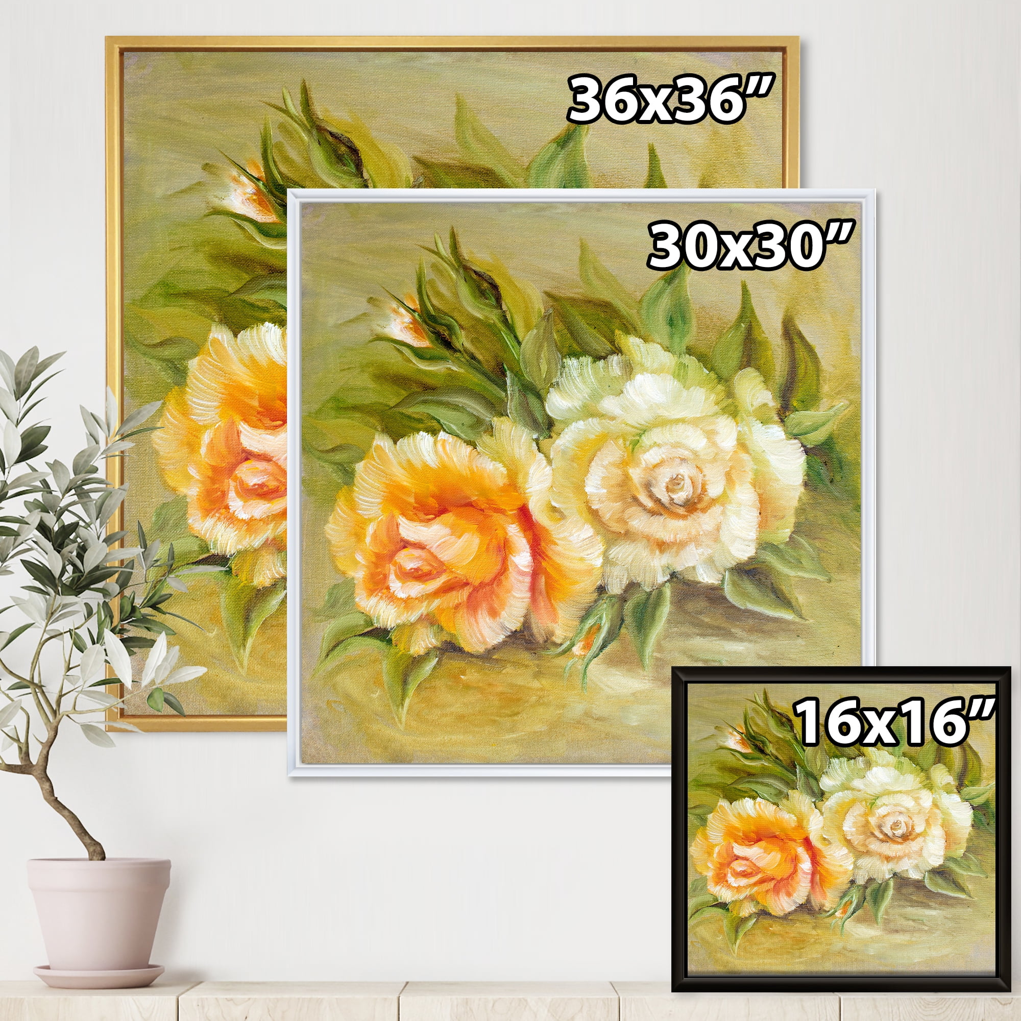 Vintage Yellow and White Roses 16 in x 16 in Framed Painting Canvas Art Print, by Designart