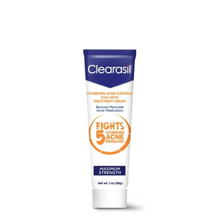 Clearasil Stubborn Acne Control 5 in 1 Spot Treatment Cream, Maximum Strength, Benzoyl Peroxide Acne Medication, Fights Blocked Pores, Pimple Size, Excess Oil, Acne Marks & Blackheads, 1 (Best Acne Scar Removal Cream Drugstore)